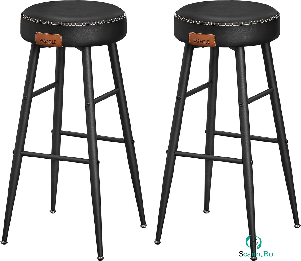 Set 2 scaune de bar Ekho, Vasagle, 51.6 x 51.6 x 75 cm, otel/piele ecologica, negru