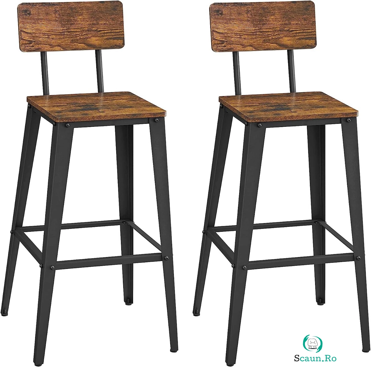 Set 2 scaune de bar, Vasagle, 45.4 x 45.4 x 102.2 cm, PAL/otel, maro/negru