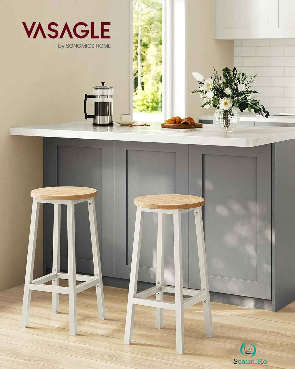 Set 2 scaune de bar, Vasagle, 32x32x65 cm, fier/PAL, alb/natural