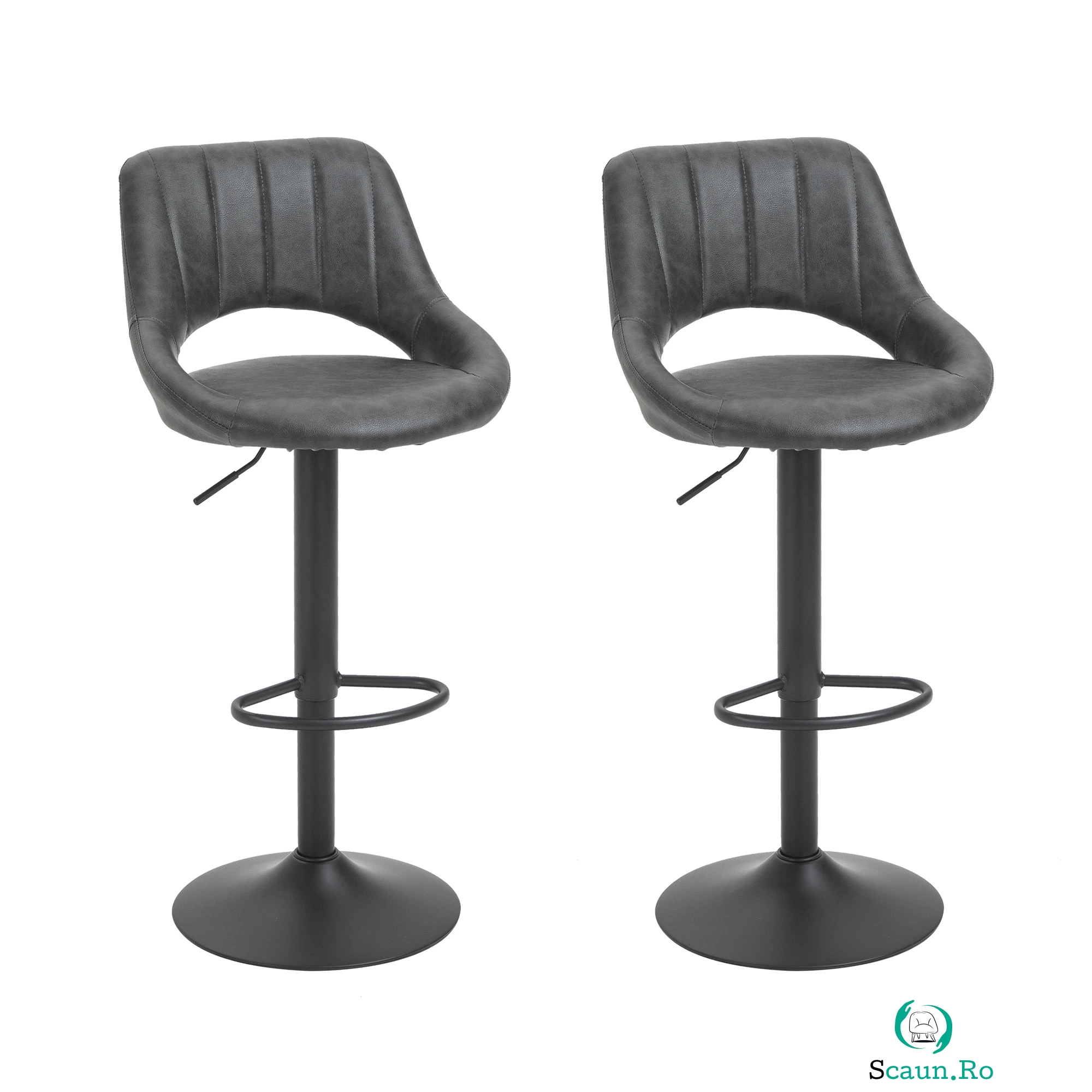 Set 2 Scaune de bar HOMCOM, Inaltime reglabila, Piele sintetica, Metal, 44x49x90-110cm Negru | Aosom Romania