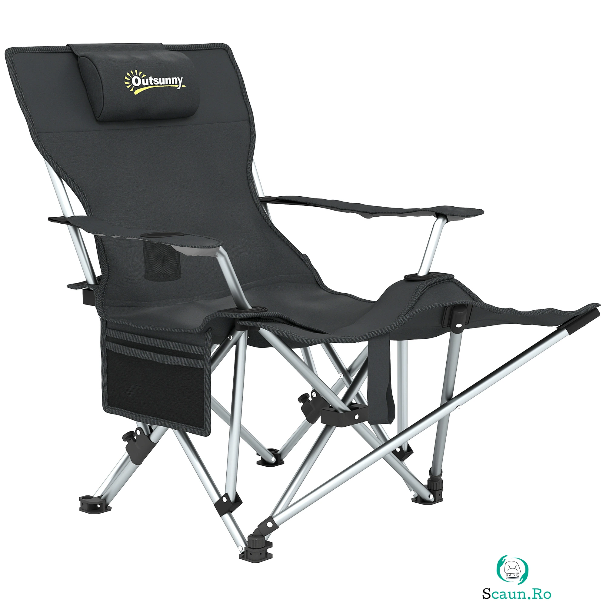 Outsunny Scaun de Camping Pliabil și Rabatabil cu Suport pentru Picioare Detașabil și Tetieră, 82x50/100x88 cm, Negru | Aosom Romania