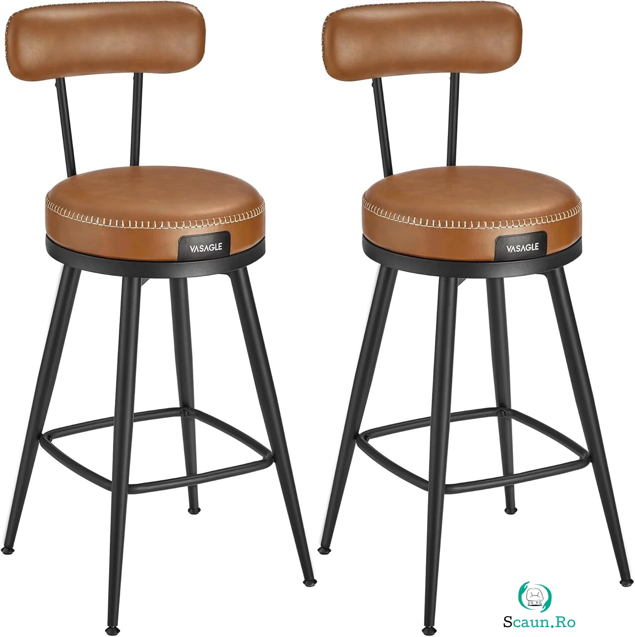 Set 2 scaune de bar, Vasagle, Ekho, 54x91 cm, sezut rotativ, otel/piele ecologica, maro